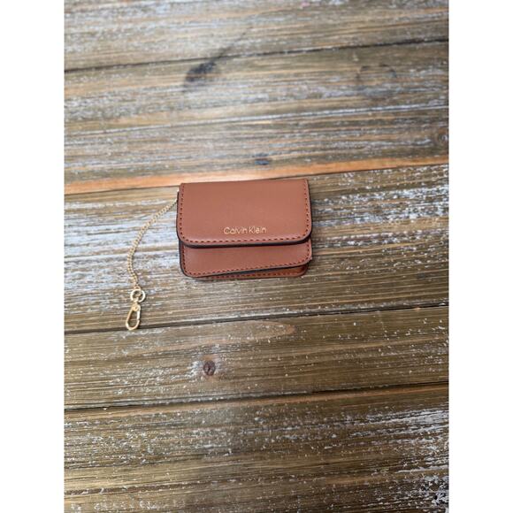 Calvin Klein MINI Card Wallet Key Chain Preppy Minimalist Brown Faux Leather - Picture 2 of 8